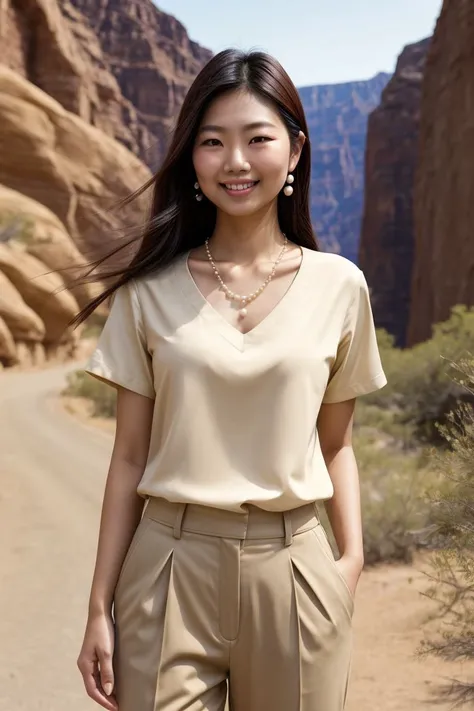 Asian woman, closeup, (shirt), pants, (big bend national park), pearl necklace , smiling , KM_sharon, wide shoulders, perfect face, (contact iris: 1.1), pale skin, skin pores , depth of field