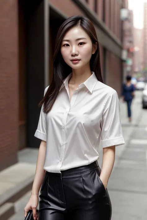 Asian woman, closeup, (shirt), pants, (streets of boston), (), (), KM_rune, wide shoulders, perfect face, (contact iris: 1.1), pale skin, skin pores , depth of field