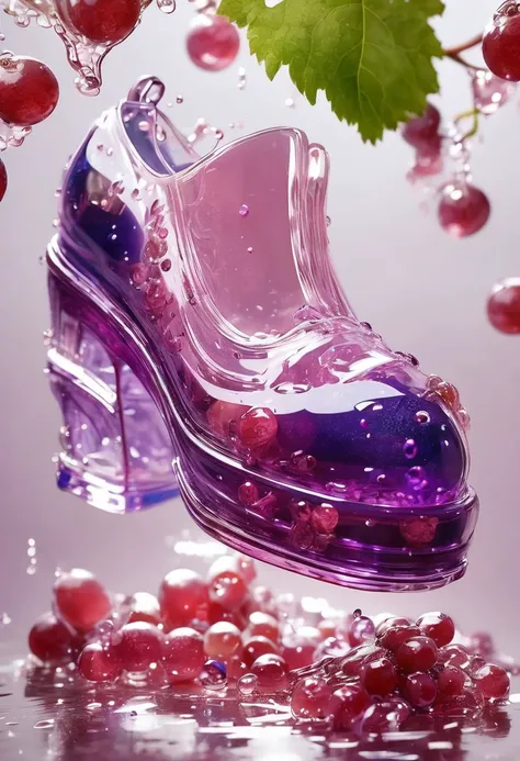 Glass shoes made from grapes, splash water, flashing particles , depth of field, clean background, made from grapes<lora:ral-rawmeat:1>