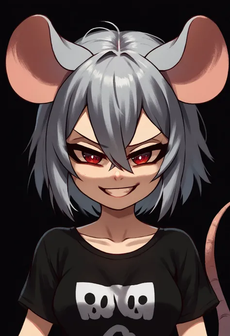 score_9, score_8_up, score_7_up, front view, close-up, simple background, black background
looking at viewer, grey hair, red eyes, hair between eyes, narrowed eyes, grin, smug, solo, female, mouse humanoid, mouse ears, mouse tail
medium breasts, standing, ...