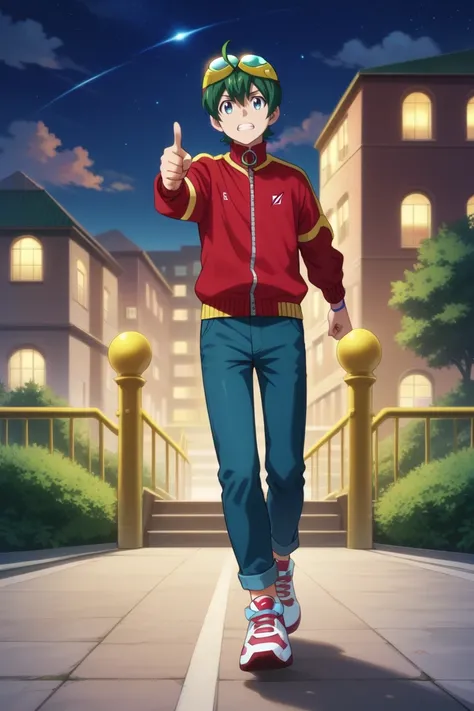 score_9, score_8_up, score_7_up, score_6_up, detailed, intricate details,best quality ,source_anime, cowboy shot,
haru shinkai, green hair, blue eyes, red jacket, 1boy, male focus, goggles, night, goggles on head, pointing, jacket, pants, running, sky, sho...