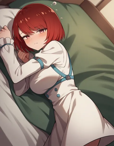 score_9, score_8_up, score_7_up, source_anime, <lora:kuromaid-cuff-s3-ponyxl-lora-nochekaiser:1>, cuff, short hair, large breasts, red hair,, long sleeves, dress, white dress,, indoors, bed, bed room, on side, blush, drunk, looking at viewer, solo,, cowboy...