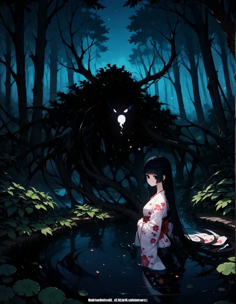 scorce_9,score_8_up,score_7_up,score_6, ,, kimono,miko,very long hair, hime cut,night,forest,black hair,black eyes,ghost,hands in sleeves,glowing pattern, partially submerged,floral print,