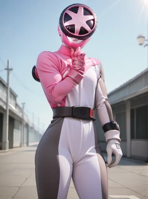 score_9, score_8_up, score_7_up, score_6_up, score_5_up, score_4_up, (puri:0.6), anime, bunpink, pink white and grey bodysuit, pink helmet, silver mouth mask, pink glove, white glove, belt, leg armor, pink boots, hand doing heart, cute pose, sky, outside, ...