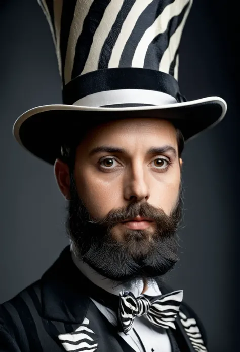 zebraworld, a portrait of a man with a huge top hat, beard, closeup