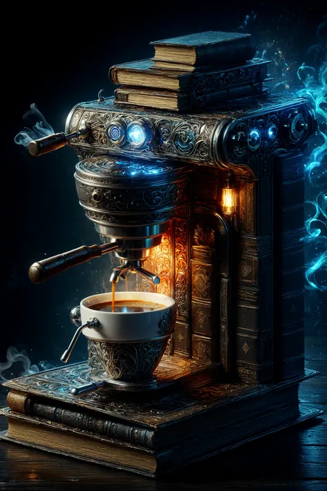 Masterpiece, best quality, A beautiful digital art of a coffee machine made out of books, fantasy theme, highly details, glowing elements, metalic texture, kwbook,  <lora:kwBookBeta7_SDXL_v1:1>