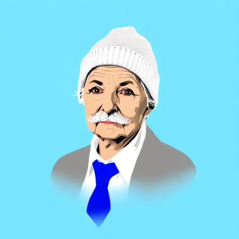 mountain, grey background, beanie, grey hair, blonde hair, blue necktie, gradient background, old woman, white shirt, mustache