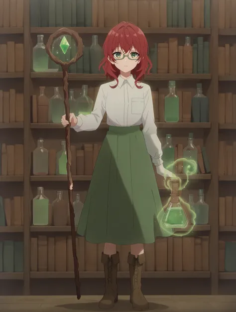 score_9, score_8_up, score_7_up,
1girl,solo, 
<lora:dahlia.pony.v2:0.7> dahlia, red hair, green eyes
grey glasses,
teenager, white shirt, collared shirt, 
green skirt,
brown boots,
standing, holding staff, magic staff,
library, flask, bottle, dark, gloom,