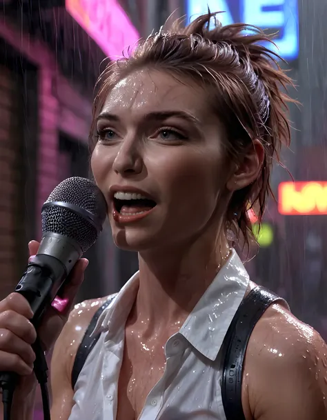 In a gritty, urban setting bathed in the soft glow of neon lights filtering through a rain-drenched alleyway, a captivating woman named 3L34N0R stands center stage, her expressive brown eyes locked onto an unseen audience. With her teeth bared and a defian...