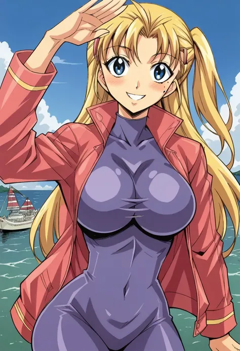 manga cover, manga style, saturated colors, crisp lines, vibrant and dynamic shading, sharp and clear, 1girl, solo, miu, blonde hair, long hair, blue eyes, mole under right eyes, slim waist, large breast, rounded breast, pink jacket, purple bodysuit, hairc...