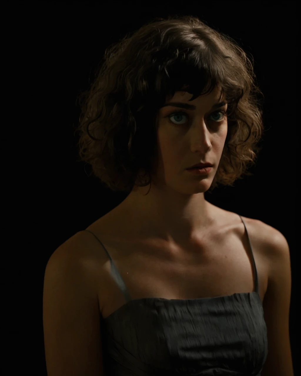 <lora:LizzyCaplan:0.9>, LizzyCaplan woman, 1girl, solo, lips, ambient, short curly black hair, pupils, looking at the viewer, dress, dark background, eyebags,
photo, realistic, hd, detailed, beautiful, film photo, focus