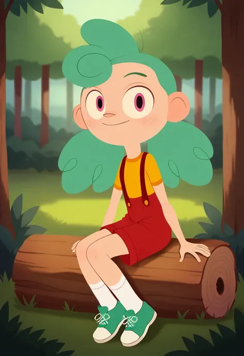 score_9, 1girl, solo, nikkicc, green hair, pink eyes, yellow shirt, red overall, white socks, green shoes, looking at viewer, smile, sitting on a log, outdoors, forest