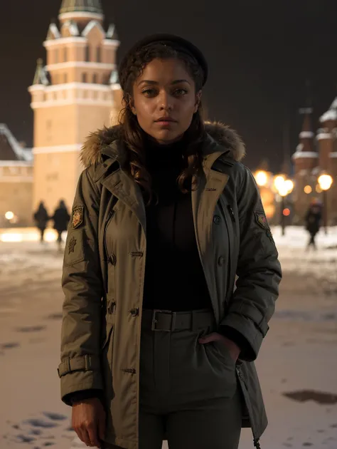 Antonia8, a woman wearing full military outfit and brown pants and a fur coat, in front of the kremlin, with a severe look, looking at viewer, snowstorm, evening, low light