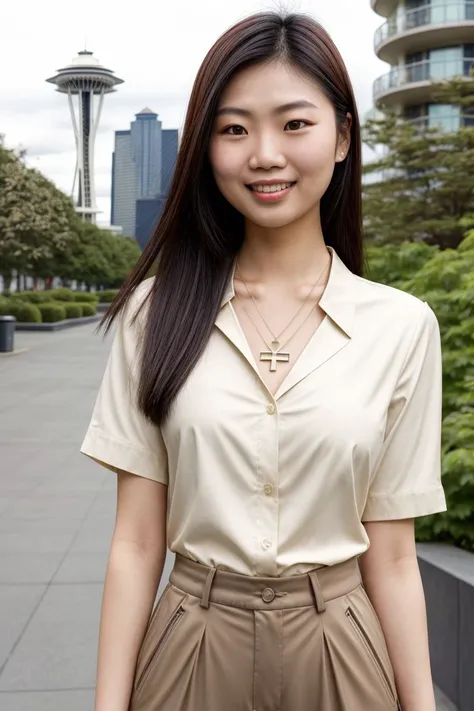 Asian woman, closeup, (shirt), pants, (seattle space needle), cross necklace , smiling , KM_sharon, wide shoulders, perfect face, (contact iris: 1.1), pale skin, skin pores , depth of field