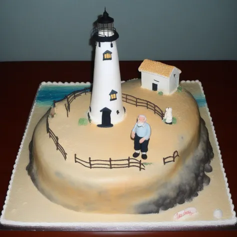 old man near the lighthouse, sentimental, cake, cake style