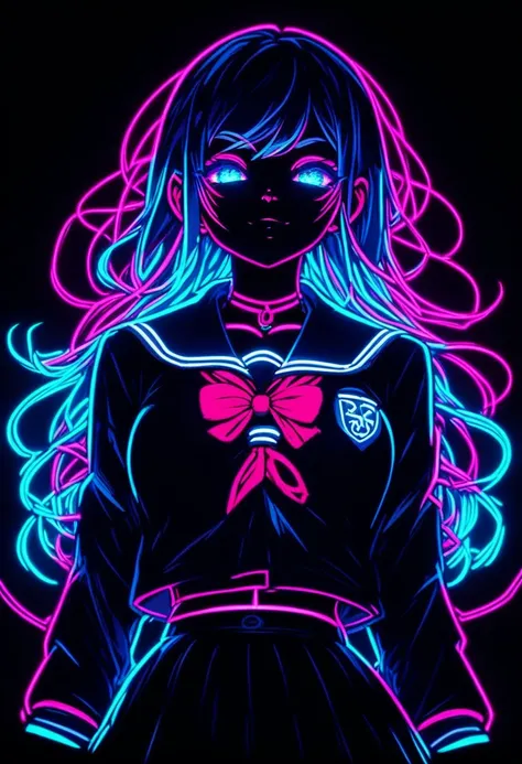 score_9, score_8_up, score_8_up, 1girl, school uniform, neon, black background, bright and dynamic composition,vibrant color pal...