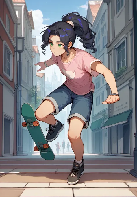 score_9, score_8_up, score_7_up, masterpiece, best quality, 1boy, solo, yong boy,  <lora:MaiLanPony:1>  meilan, ponytail, black hair,  green eyes,   full body, pink t-shirt, denim shorts, city, street, skateboard