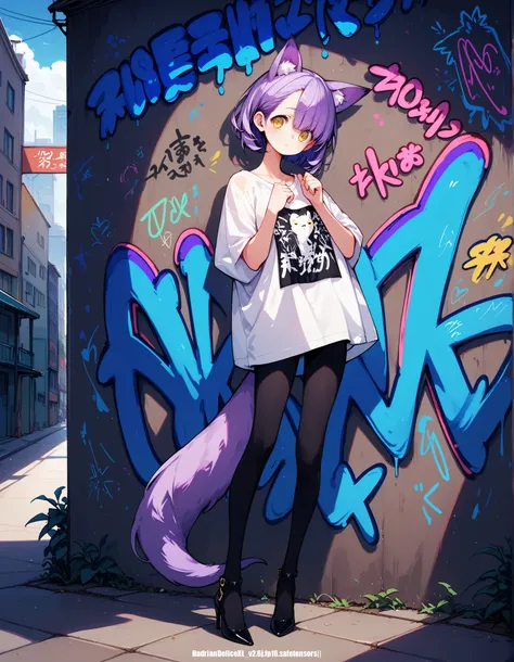 scorce_9,score_8_up,score_7_up,score_6, ,, colorful,  full body,1girl,solo,  oversized shirt,high heels,black pantyhose, no pants,  standing,head tilt,embarrassed, pigeon-toed,looking at viewer,   (night),graffiti wall,hands up,purple hair,animal ears, yel...