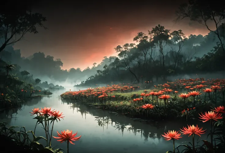 ,ruanyi0797,spider lily,flower field,jungle,overgrown,,ruanyi0699,fog,night,red sky,reflection,red theme,flower,<lora:0797 spider lily_v1_pony:0.7>,<lora:0699 Wangchuan River_v1_pony:1>, score_9,score_8_up,score_7_up,,8k,1girl,solo,,