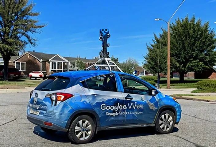 (gsv car), (google streetview car), city, (car spotting), blue car, american suburb, high definition, hd, 8k, 4k, absurdres, highres,  <lora:Google_Streetview_Car:1>, (backview)