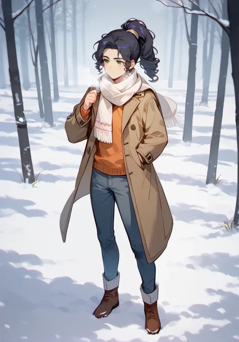 score_9, score_8_up, score_7_up, masterpiece, best quality, 1boy, solo, yong boy,  <lora:MaiLanPony:1>  meilan, ponytail, black hair,  green eyes,   full body, orange sweater, jeans, coat, scarf, winter, snow