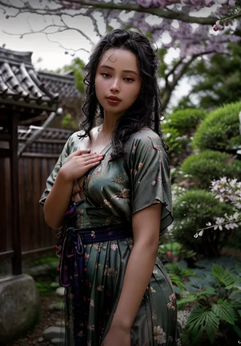 gloriouss123 woman with long black hair, wearing kimono, temple, cherry blossom petals falling, illuminated lanterns, glowing sunrise, tranquil lighting, ethereal lighting, delicate shadows, ((beautiful detailed eyes, symmetrical eyes) , dramatic lighting,...