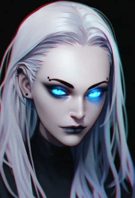 score_9_up, score_8_up, score_7_up,  chromatic aberration, half-closed_eyes, fox girl, Goth girl, goth girl 1girl, 1girl,solo,long hair,looking at viewer,blue eyes,simple background,closed mouth,monochrome,white hair,lips,glowing,black background,portrait,...