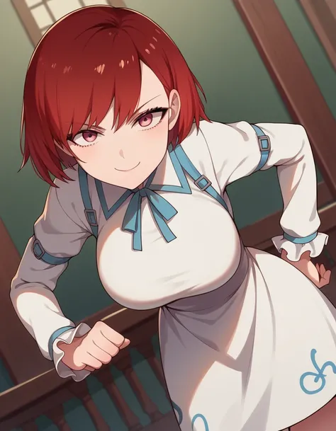 score_9, score_8_up, score_7_up, source_anime, <lora:kuromaid-cuff-s3-ponyxl-lora-nochekaiser:1>, cuff, short hair, large breasts, red hair,, long sleeves, dress, white dress,, indoors, bent over, smile, looking at viewer, solo,, cowboy shot, dutch angle