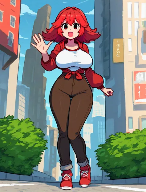 score_9,score_8_up,score_7_up, 1girl, red hair, full body, city backround, waving, large breasts <lora:PonPony:1>