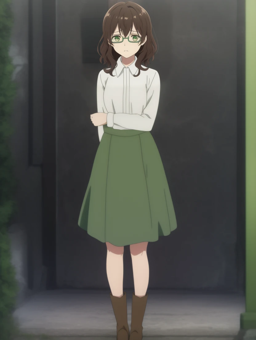 masterpiece, best quality,
<lora:dahlia.sd15.v2:0.6> dahlia, brown hair, green eyes,
(grey glasses,)
white shirt,green skirt,
teenager,
sad, 
brown boots,
full body,