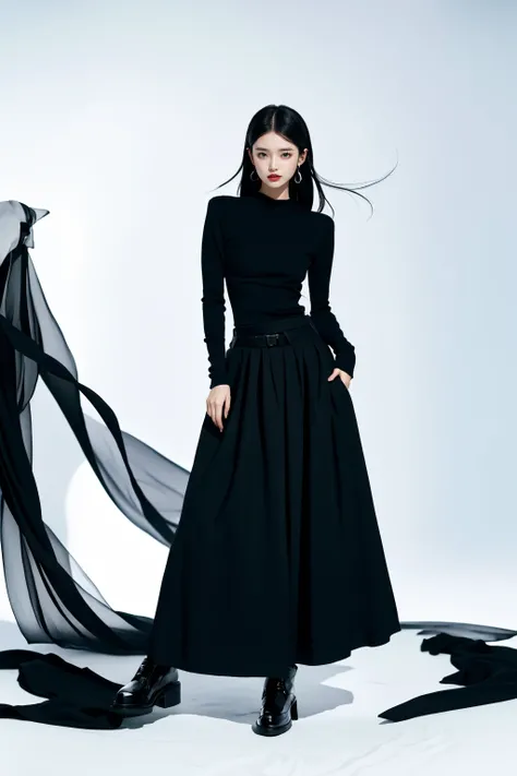 realistic,reality,moying,1girl,solo,looking at viewer,skirt,black hair,hair ornament,long sleeves,white background,dress,standing,full body,black skirt,black shirt,black footwear,black dress,long skirt,(black fabric), <lora:JAY - MOYING -  MAÌ£ÌC ANH:1>, ...