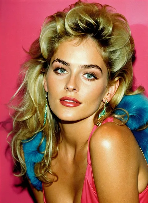 Vibrant portrait of sks woman in the 1980s, high-octane glamour, neon or pastel palettes, voluminous hair, by Helmut Newton, using harsh flash and vivid lighting to accentuate bold styles and attitudes, by Gregory Crewdson, <lora:locon_sharonstone_v1_from_...