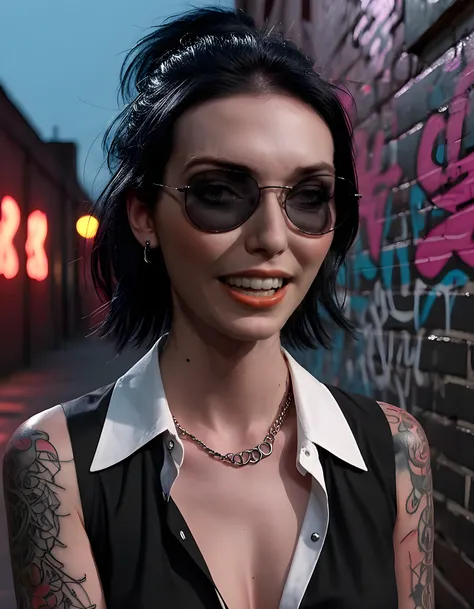 In a gritty, neo-noir urban landscape bathed in the eerie glow of neon lights, 3L34N0R, a woman with raven-black hair cascading down her shoulders, poses defiantly against a graffiti-covered brick wall. Her piercing eyes are hidden behind dark sunglasses, ...