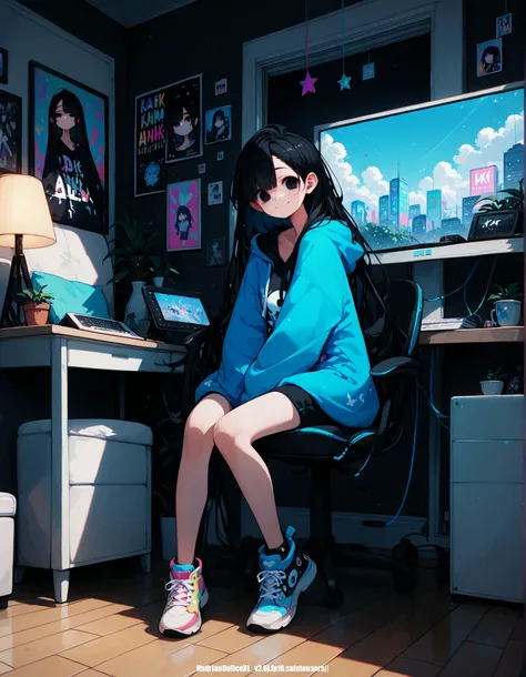 scorce_9,score_8_up,score_7_up,score_6, ,, colorful,indoors,karaoke,oversized hoodie,1girl,solo,full body,black hair,black eyes ,long hair,multicolored footwear,, smile, dashed eyes,