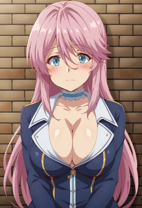 EBFreia, 1girl, solo, long hair, looking at viewer, blush, blue eyes, large breasts, cleavage, hair between eyes, closed mouth, collarbone, jacket, upper body, pink hair, frills, choker, brick wall, 
 <lora:Freia:0.8>, <lora:xl_more_art-full_v1:0.8>