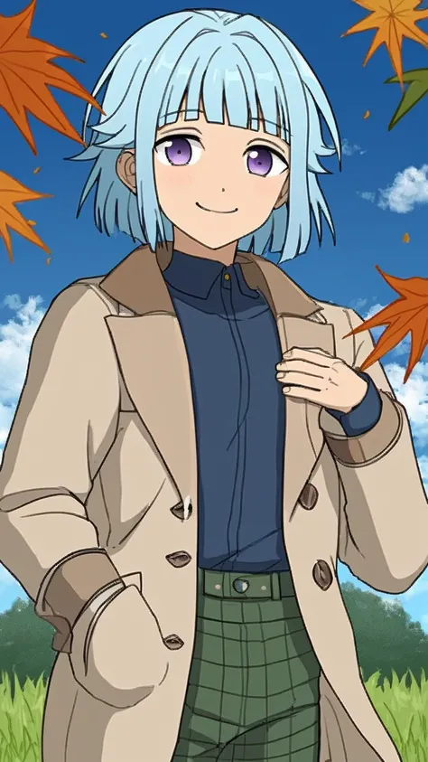 A boy named Hajime Shino has light blue hair with blunt bangs. He has violet eyes. He is wearing a beige jacket with a dark blue shirt and green pants. and he is standing outside in a sunny autumn day on the grass and blue sky. There are autumn leaves. He ...