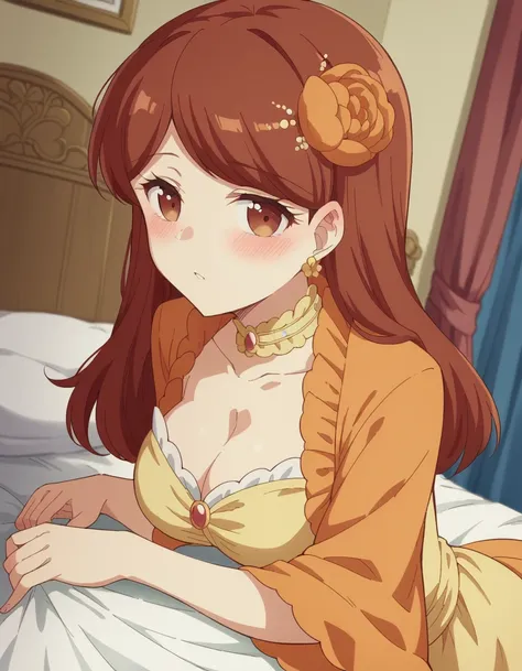 score_9, score_8_up, score_7_up, source_anime, <lora:mary-hunt-s2-ponyxl-lora-nochekaiser:1>, mary hunt, long hair, brown hair, hair ornament, brown eyes, flower, hair flower,, dress, cleavage, jewelry, earrings, choker, frills,, indoors, bed, bed room, on...