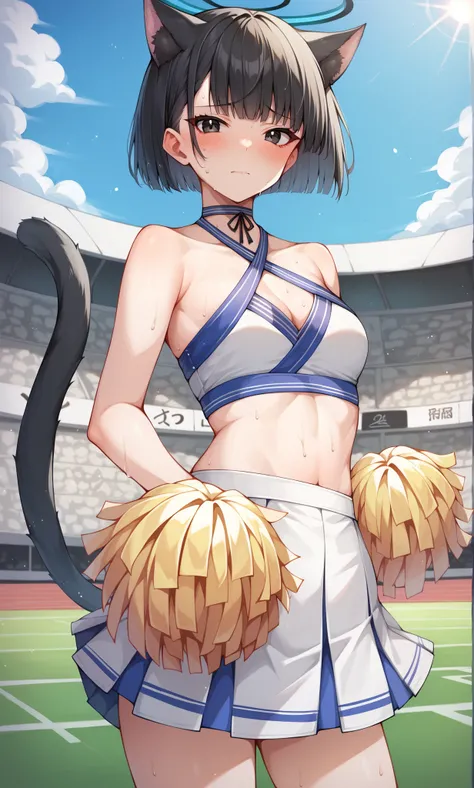 score_9, score_8_up, score_7_up, score_6_up, score_5_up, score_4_up, BREAK source_anime, 1girl, solo, outdoors, stadium, cowboy shot, standing, looking at viewer, kikyou, black eyes, black hair, short hair, bobcut, parted bangs, cat ears, halo, ribbon chok...