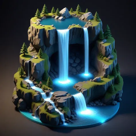 waterfall, glowing, isometric, 

[Hyperrealistic_Trompeloeil1|:1.8 ]