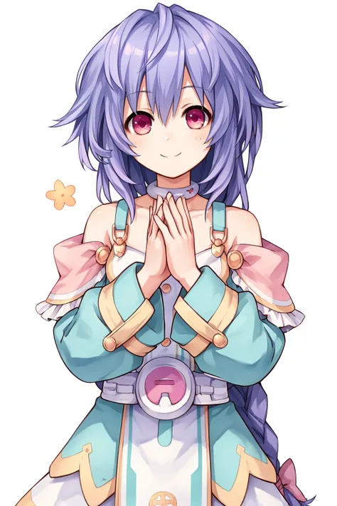 score_9, score_8_up, score_7_up, score_6_up, score_5_up, score_4_up, source_anime, rating_safe, 1girl, plutia, smile, own hands together