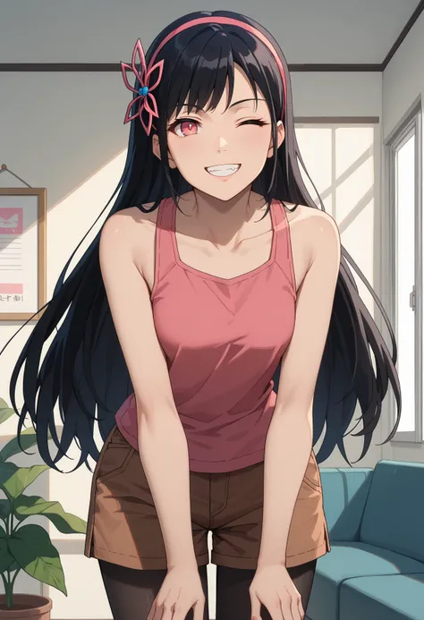 score_9, score_8_up,
<lora:TowerOfGod_YeonYihwaXL:0.9>, YeonYihwa,
1girl, solo, open mouth, smile, grin, 
black hair, long hair, pink eyes, one eye closed, hairband, hair ornament,
tank top, pink shirt, bare shoulders, brown shorts, black pantyhose,
standi...