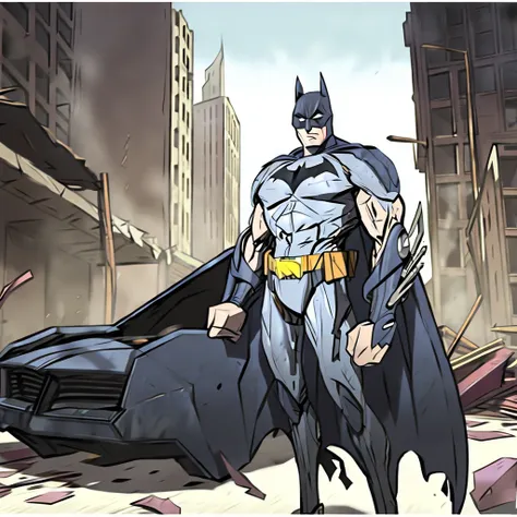 Evang, Batman standing in a destroyed city street with torn clothing, scars, scratches, battle damaged suits, tactical armor, muscular, menacing look, Batmobile to the left in the background