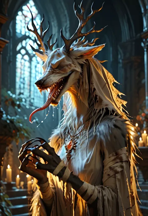 1girl, upper body, anthro bbvicamelia, fur, fluffy fur, sharp teeth, claws, paws, drool, long tongue, standing straight, digitigrade, bent legs, in dark candlelit gothic cathedral, candles, golden pendant necklace, bandages, screaming,, detailed, masterpie...