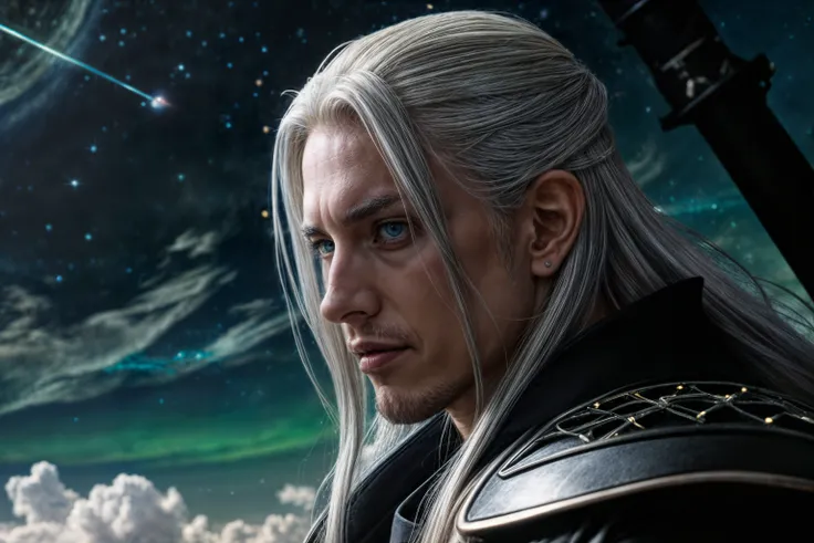 Close-up medium shot, 8k, masterpiece, high quality, Sephiroth with his long silver hair flowing and intense green eyes, standing in a celestial observatory atop the Floating Continent. He gazes at the swirling clouds and distant stars through a massive te...