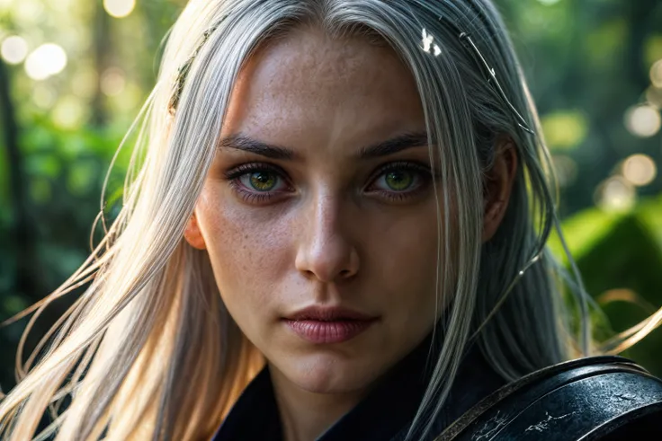 Close-up medium shot, 8k, masterpiece, high quality, a female version of Sephiroth with flowing silver hair and intense green eyes, navigating through the dense tropical jungle of the Corel region, vines and exotic flowers twisting around her. She grips th...