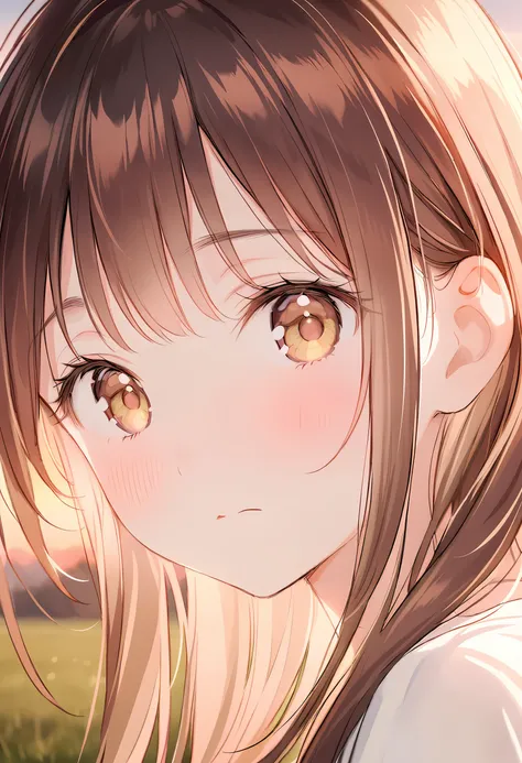 <lora:Animagine_Style7371221586FT_LoCon_D16:1>, 1girl, solo, blush, brown hair, long hair, looking at viewer, closed mouth, close-up, day, sky, dusk, depth of field, rim light, background light, lawn