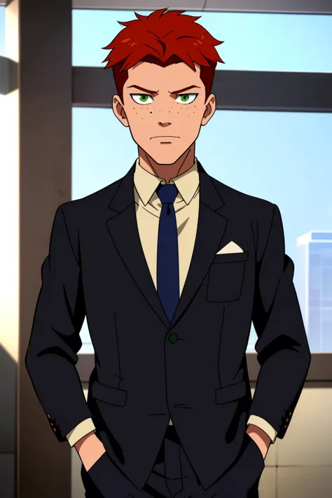 wally_west,1boy,solo,green eyes,male focus,short hair,red hair,freckles, wearing black business suit,necktie,closed mouth,hands in pockets,looking at viewer,masterpiece,best quality
