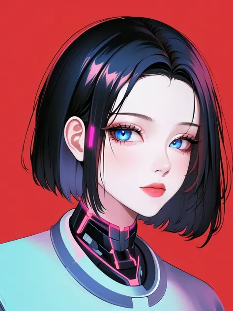 1girl, solo, looking at viewer, short hair, blue eyes, black hair, half-closed eyes, pink background, portrait, red background, science fiction, cyborg, glitch, cyberpunk, general
masterpiece, newest, absurdres,very aesthetic