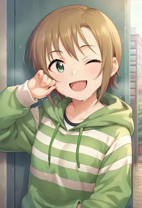 score_9, score_8_up, score_7_up, source_anime,tada riina, short hair, brown hair, green eyes, 1girl, one eye closed, solo, smile, open mouth, hood, hoodie, sweat, ;d, striped