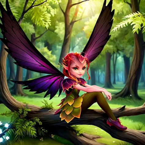 1girl, DarkWillow  <lora:Dark Willow SDXL:.9>, wings, in a  forest, sitting on a branch